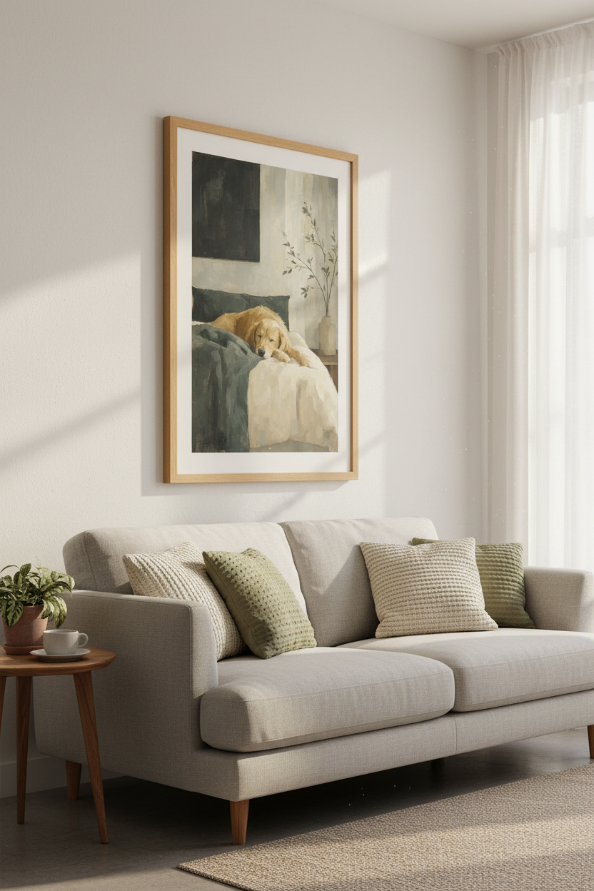 Golden Retriever Sleeping | Oil Painting Style Print, Bedroom Decor Dog Poster