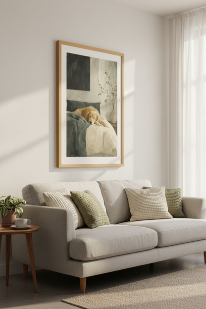 Golden Retriever Sleeping | Oil Painting Style Print, Bedroom Decor Dog Poster