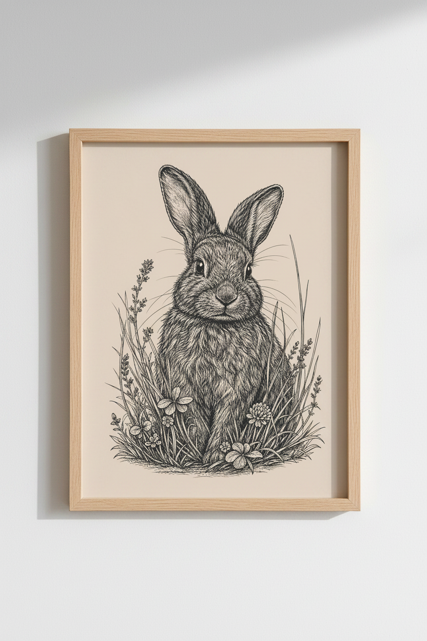 Vintage Rabbit Illustration | Neutral Ink Sketch, Woodland Nursery Wall Art
