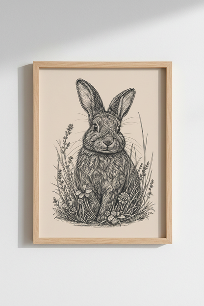 Vintage Rabbit Illustration | Neutral Ink Sketch, Woodland Nursery Wall Art