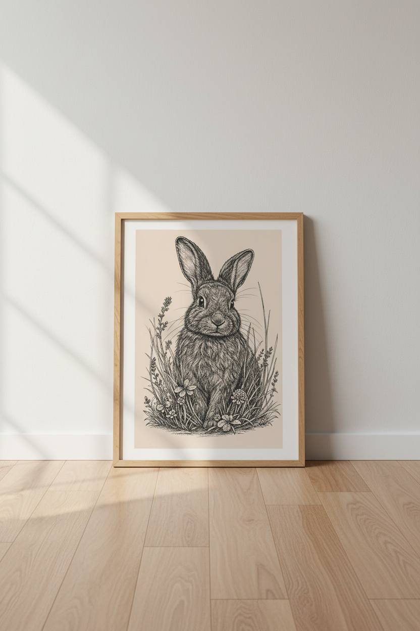 Vintage Rabbit Illustration | Neutral Ink Sketch, Woodland Nursery Wall Art