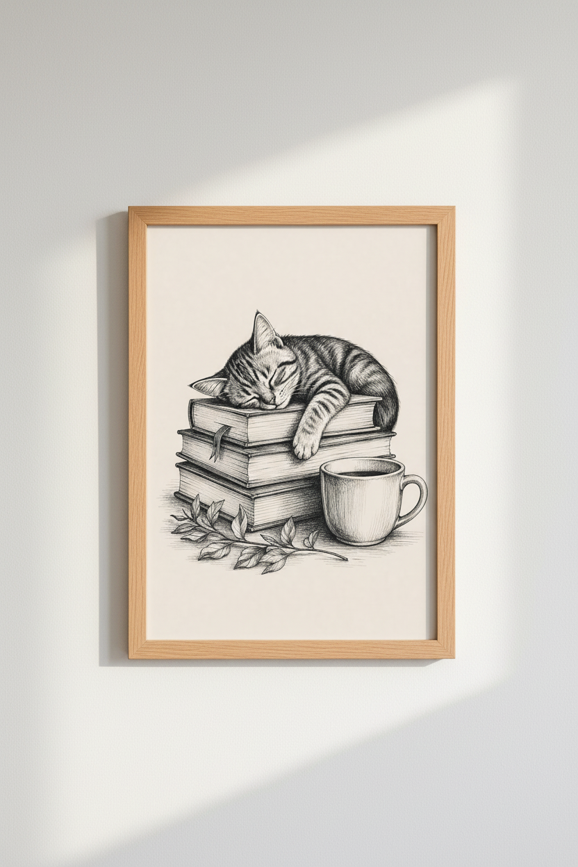Sleeping Cat on Books Wall Art | Library Decor | Dark Academia Poster