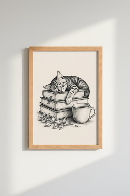 Sleeping Cat on Books Wall Art | Library Decor | Dark Academia Poster