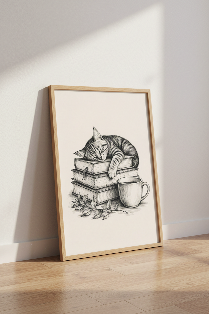 Sleeping Cat on Books Wall Art | Library Decor | Dark Academia Poster