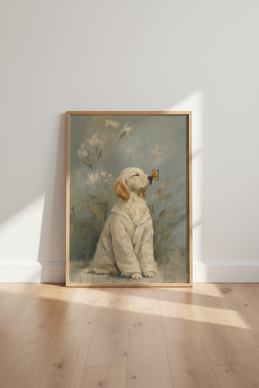 Golden Retriever &amp; Butterfly Art | Vintage Oil Painting, Nursery Decor