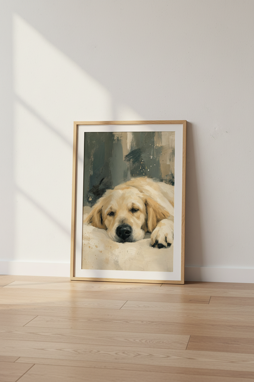 Golden Retriever Oil Painting | Cream &amp; Gold Dog Portrait, Living Room Wall Art