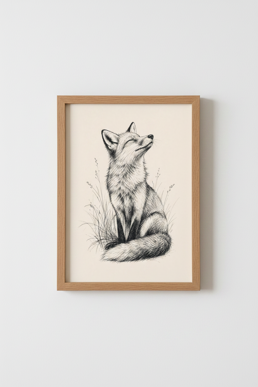 Fox Sketch Wall Art | Black and White Ink Drawing, Woodland Nursery Decor Poster