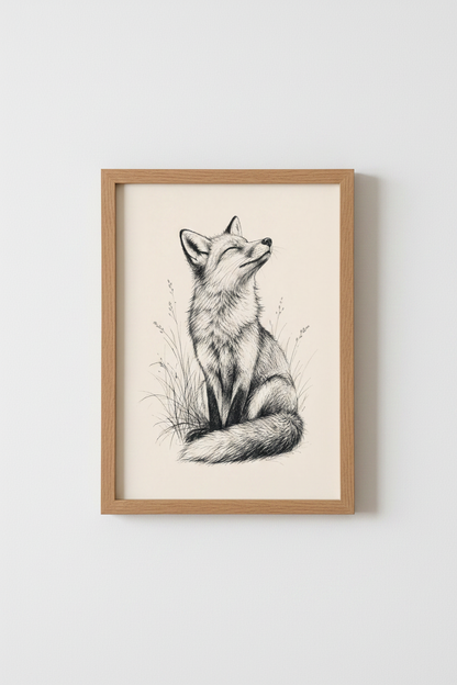Fox Sketch Wall Art | Black and White Ink Drawing, Woodland Nursery Decor Poster