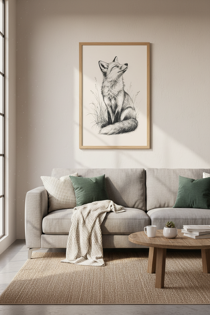 Fox Sketch Wall Art | Black and White Ink Drawing, Woodland Nursery Decor Poster