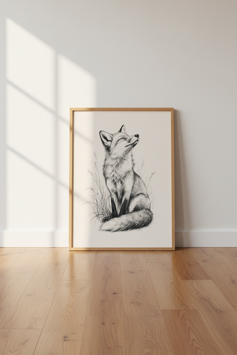 Fox Sketch Wall Art | Black and White Ink Drawing, Woodland Nursery Decor Poster