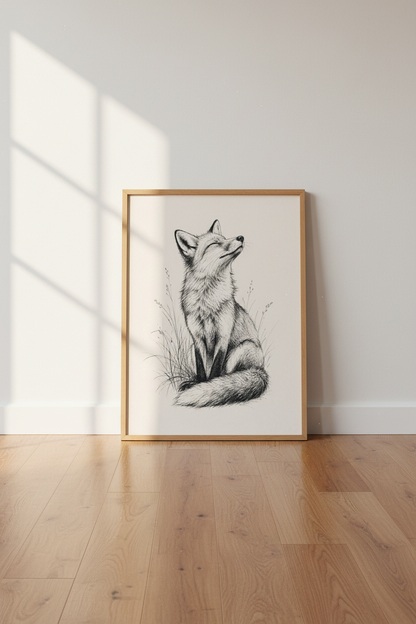 Fox Sketch Wall Art | Black and White Ink Drawing, Woodland Nursery Decor Poster