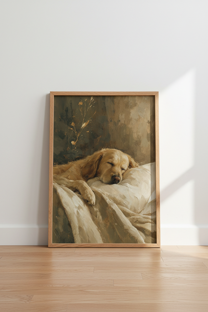 Golden Retriever Art Print | Sleeping Dog Oil Painting, Neutral Nursery Decor