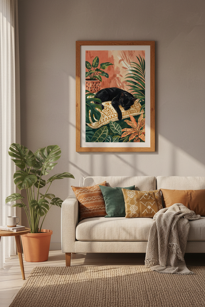 Black Cat in Jungle | Botanical Boho Wall Art Print, Terracotta Pink Bedroom Decor