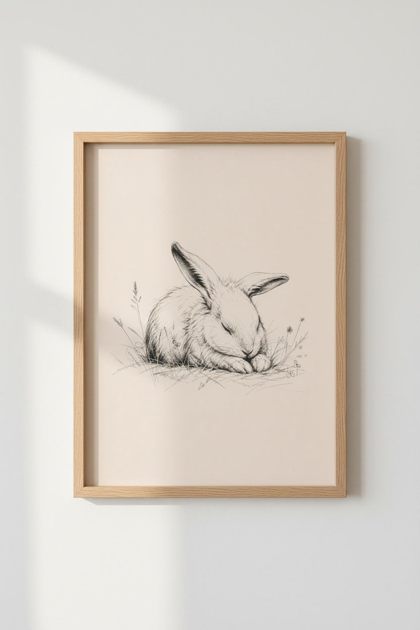 Sleeping Rabbit Ink Sketch | Vintage Neutral Woodland Art, Nursery Decor Poster