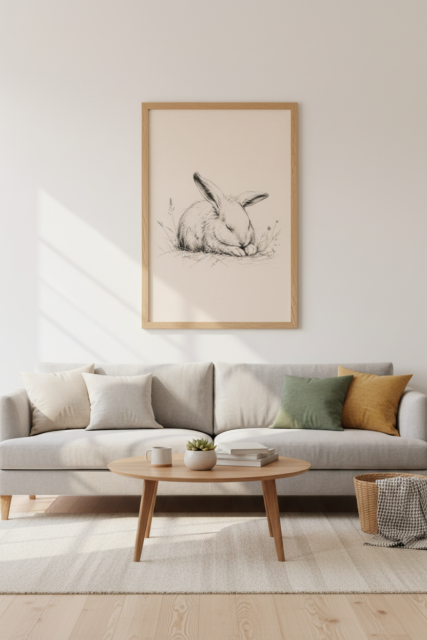 Sleeping Rabbit Ink Sketch | Vintage Neutral Woodland Art, Nursery Decor Poster