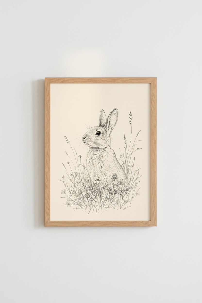 Vintage Bunny Sketch Wall Art | Rustic Meadow Rabbit Poster, Nursery Decor