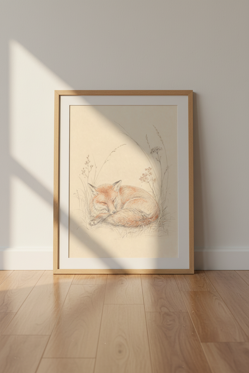 Fox Wall Art Print | Soft Pencil Sketch, Neutral Decor | Cozy Aesthetic Poster