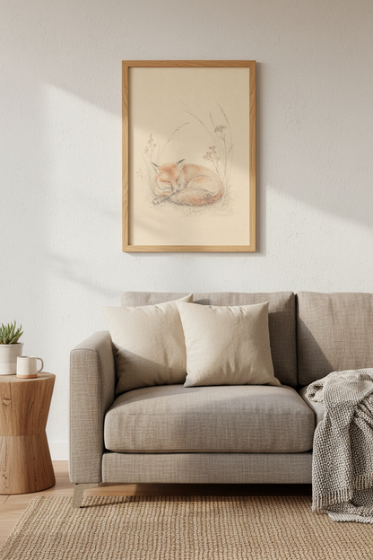 Fox Wall Art Print | Soft Pencil Sketch, Neutral Decor | Cozy Aesthetic Poster