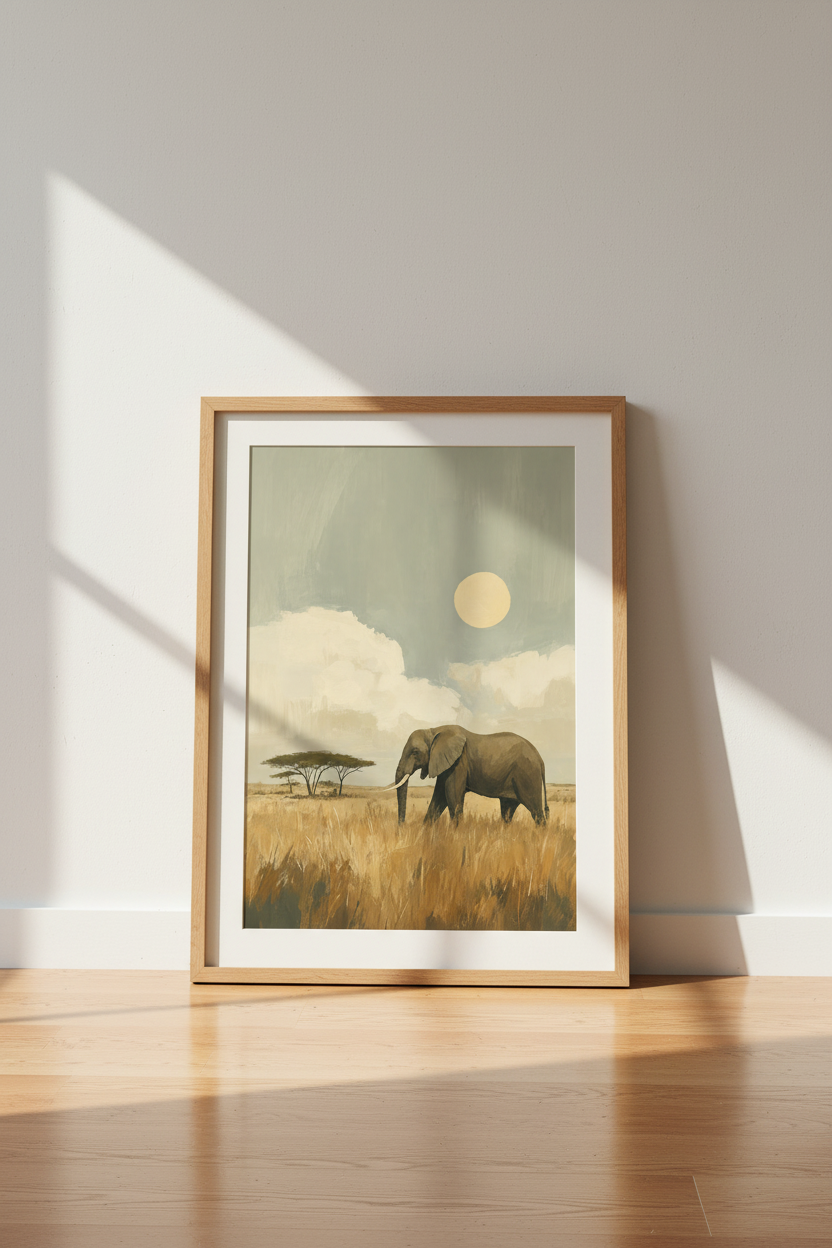 Elephant Safari Wall Art | Neutral Savanna Oil Painting, Living Room Decor