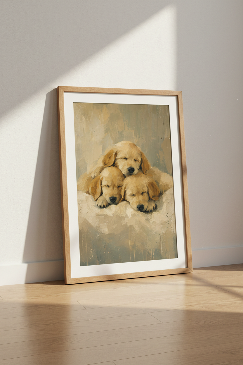 Golden Retriever Puppies | Cream Oil Painting, Nursery Wall Art Poster