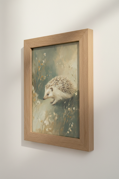 Hedgehog Oil Painting | Sage Green Woodland Animal Decor, Nursery Wall Art Print