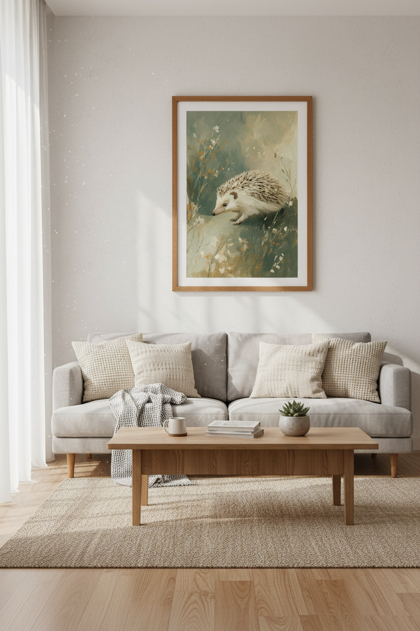 Hedgehog Oil Painting | Sage Green Woodland Animal Decor, Nursery Wall Art Print