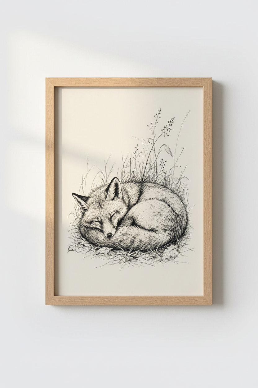 Sleeping Fox Ink Illustration | Woodland Nursery Decor | Minimalist Nature Poster