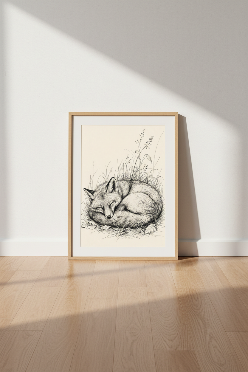 Sleeping Fox Ink Illustration | Woodland Nursery Decor | Minimalist Nature Poster