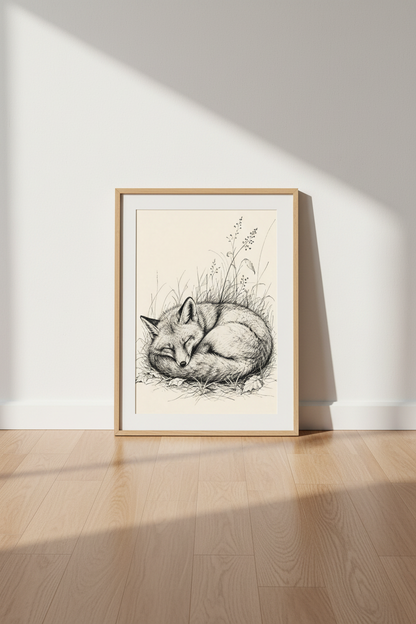 Sleeping Fox Ink Illustration | Woodland Nursery Decor | Minimalist Nature Poster
