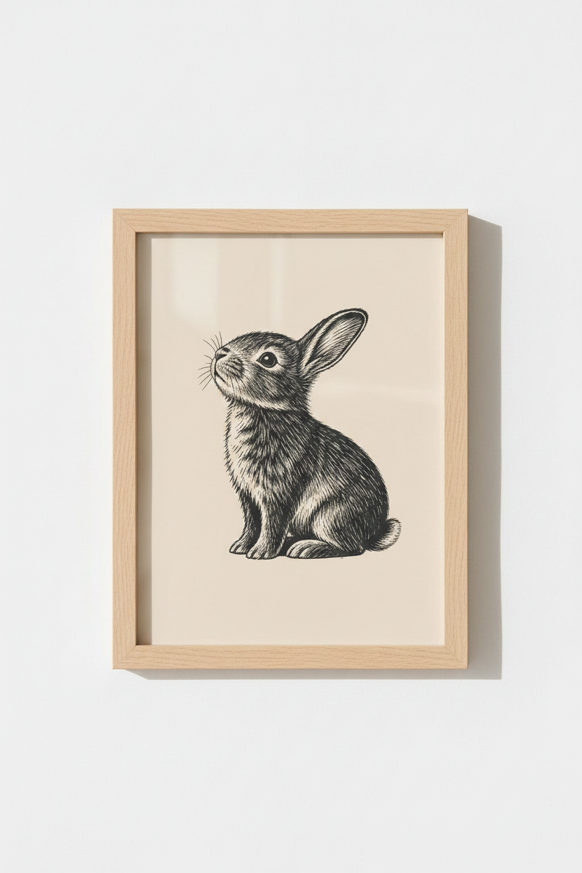 Vintage Bunny Rabbit Sketch Wall Art | Nursery Decor | Black &amp; White Ink Poster