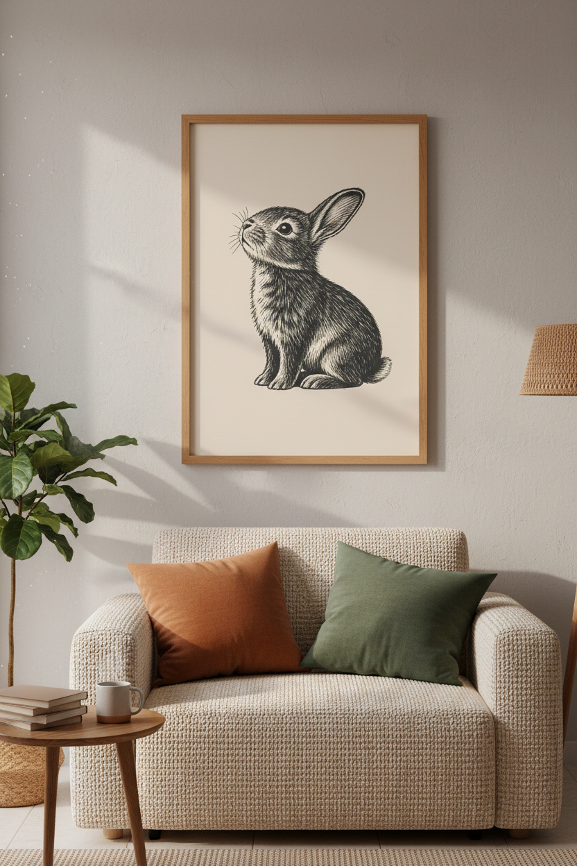 Vintage Bunny Rabbit Sketch Wall Art | Nursery Decor | Black &amp; White Ink Poster