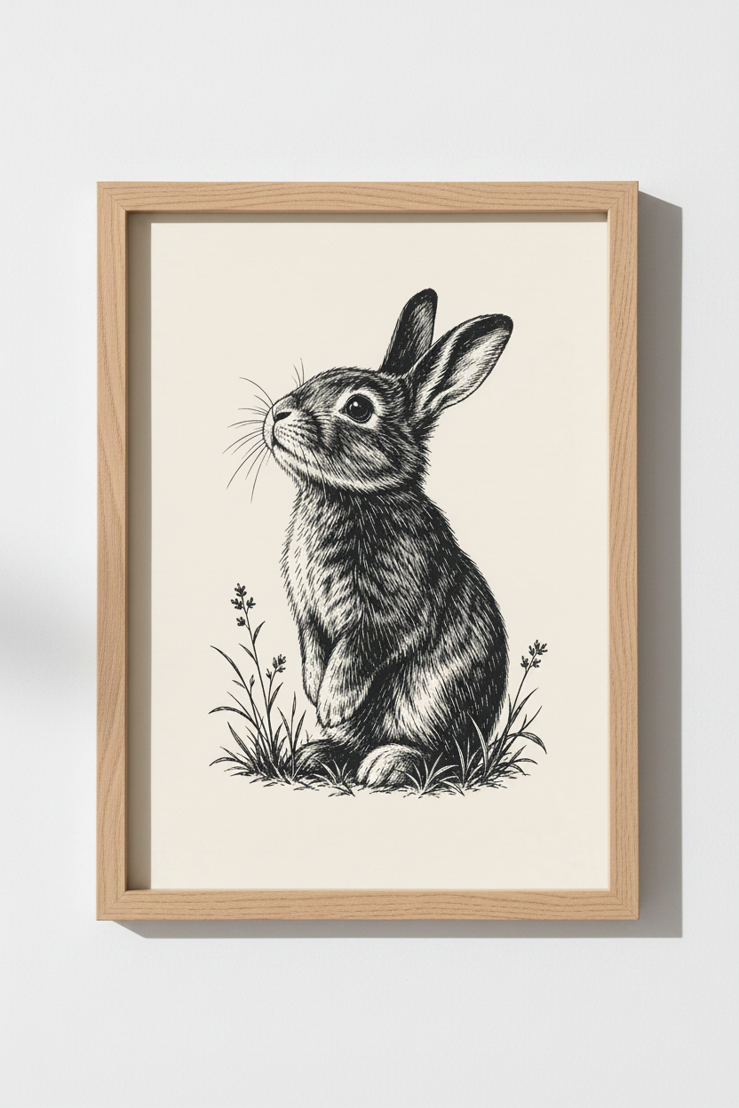 Rabbit Wall Art Print | Black and White Bunny Sketch, Nursery Nature Decor