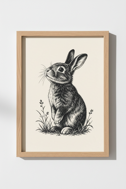 Rabbit Wall Art Print | Black and White Bunny Sketch, Nursery Nature Decor