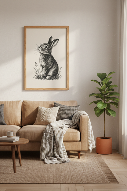 Rabbit Wall Art Print | Black and White Bunny Sketch, Nursery Nature Decor