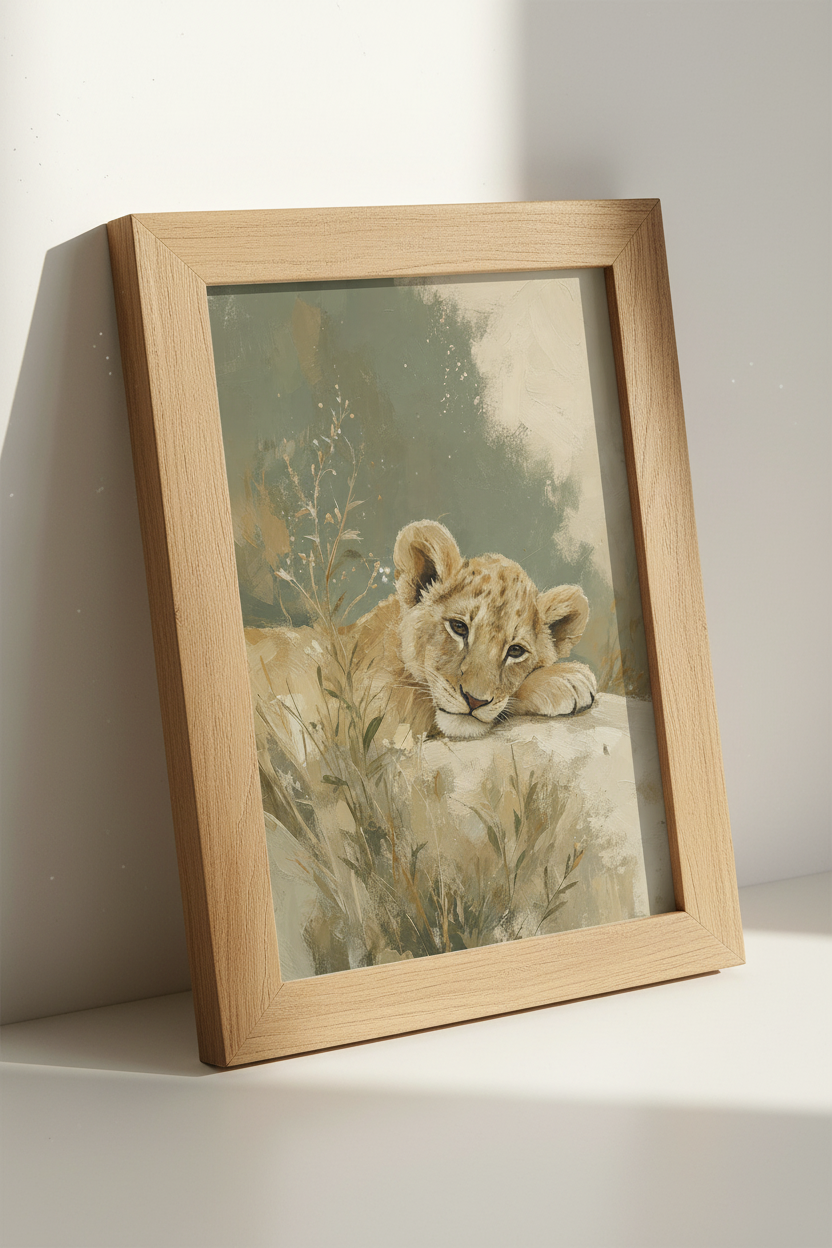 Lion Cub Oil Painting | Soft Safari Nursery Decor, Sage Green Animal Poster