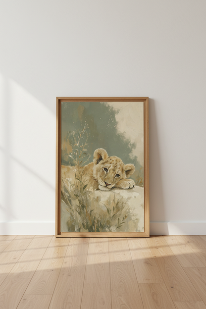 Lion Cub Oil Painting | Soft Safari Nursery Decor, Sage Green Animal Poster