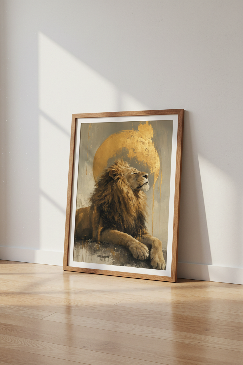 Gold Lion King Wall Art Print | Abstract Gold Sun Decor | Modern Animal Poster