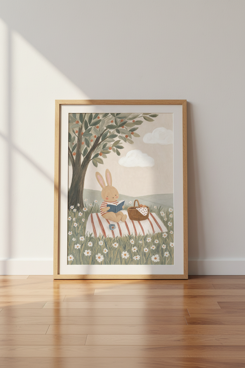 Rabbit Picnic Illustration | Whimsical Nursery Wall Art, Cottagecore Kids Room Poster