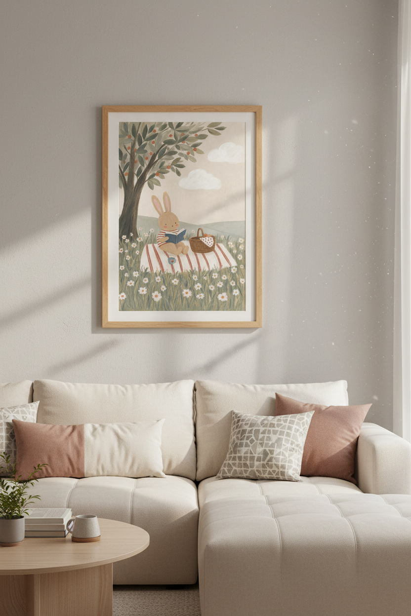Rabbit Picnic Illustration | Whimsical Nursery Wall Art, Cottagecore Kids Room Poster