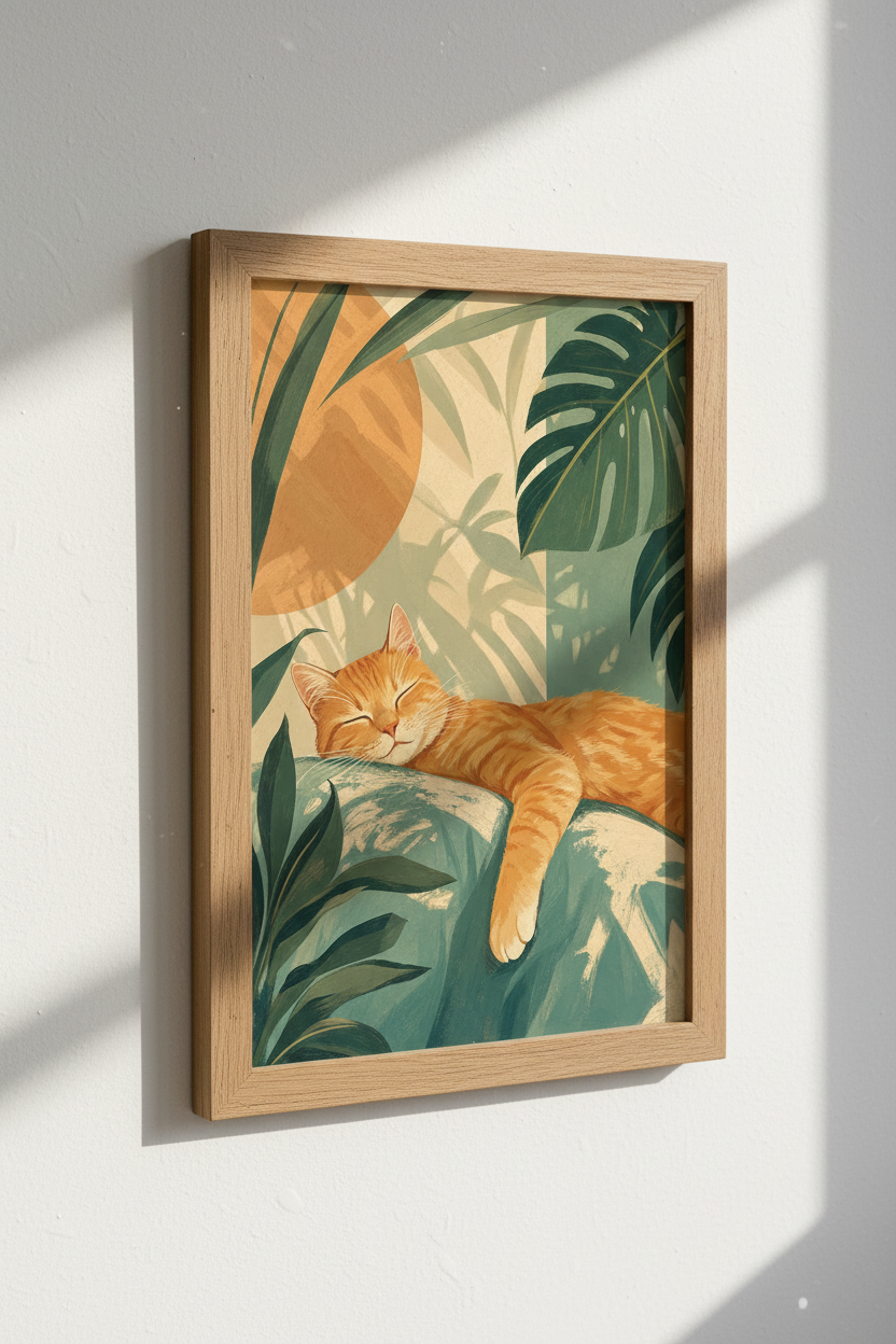 Sleeping Orange Cat | Tropical Botanical Leaves, Boho Nursery Wall Art Poster