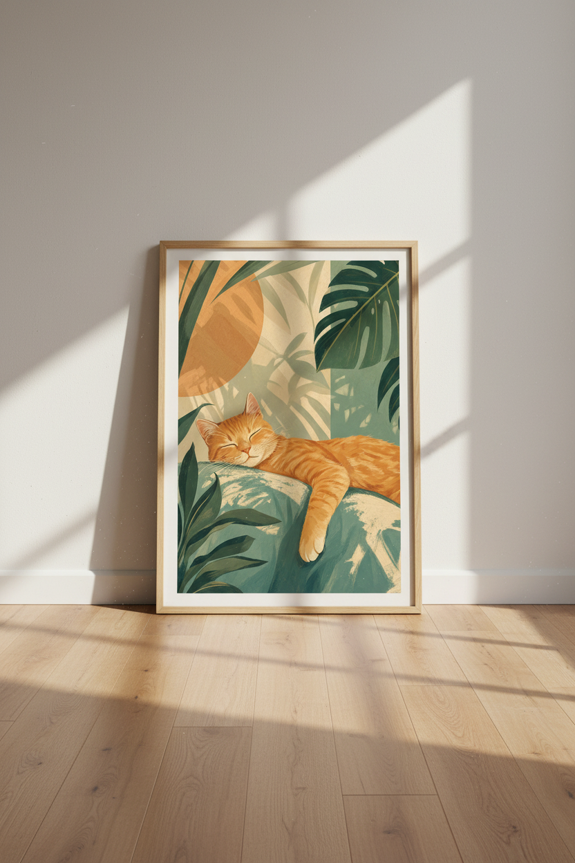 Sleeping Orange Cat | Tropical Botanical Leaves, Boho Nursery Wall Art Poster