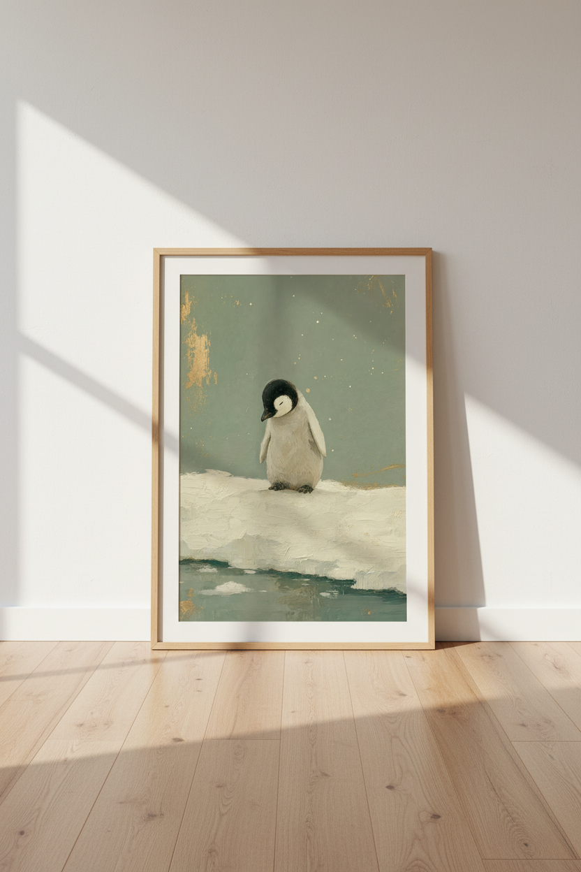 Baby Penguin Oil Painting | Sage Green &amp; Gold Leaf Art, Modern Nursery Decor