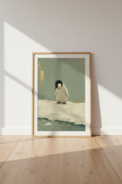 Baby Penguin Oil Painting | Sage Green &amp; Gold Leaf Art, Modern Nursery Decor