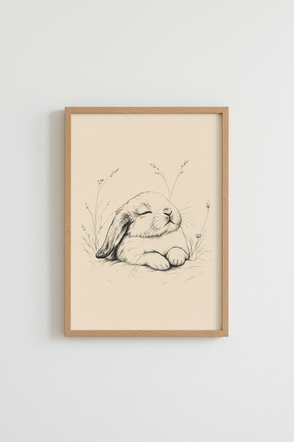 Sleeping Bunny Wall Art | Ink Sketch Rabbit Poster, Neutral Nursery Decor