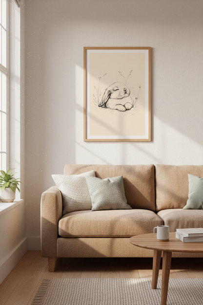 Sleeping Bunny Wall Art | Ink Sketch Rabbit Poster, Neutral Nursery Decor