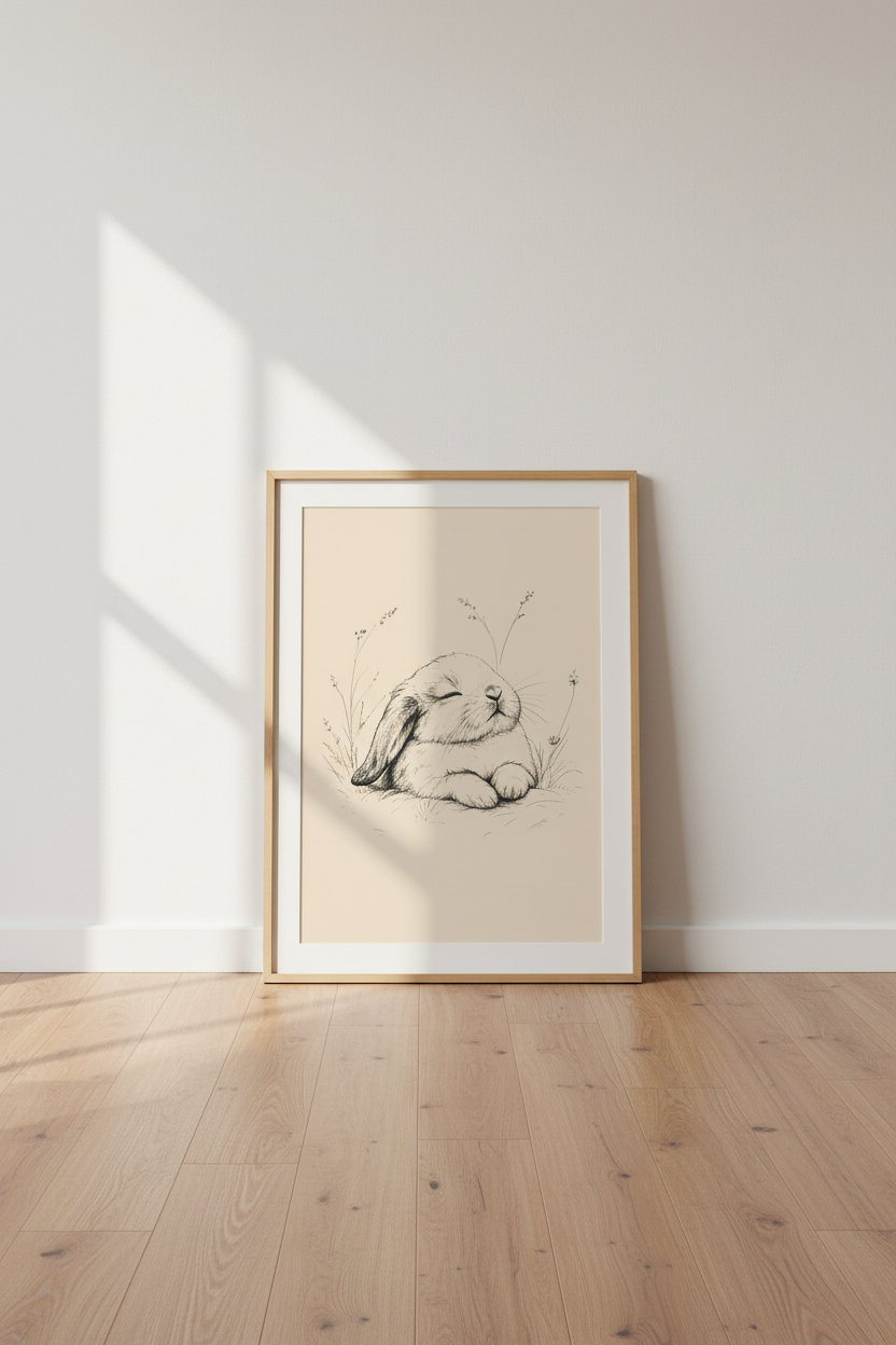 Sleeping Bunny Wall Art | Ink Sketch Rabbit Poster, Neutral Nursery Decor
