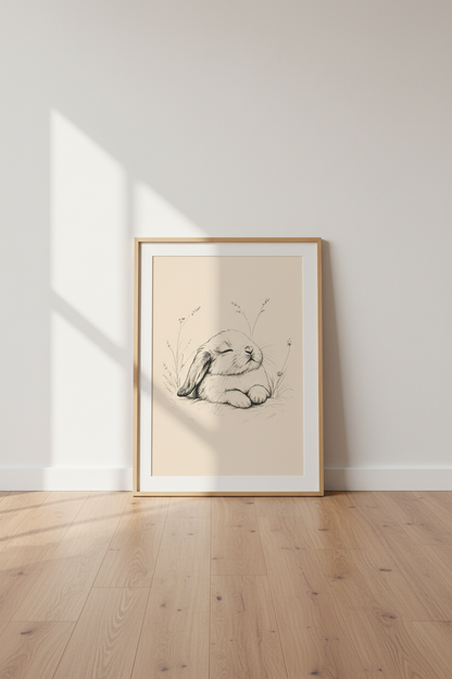 Sleeping Bunny Wall Art | Ink Sketch Rabbit Poster, Neutral Nursery Decor