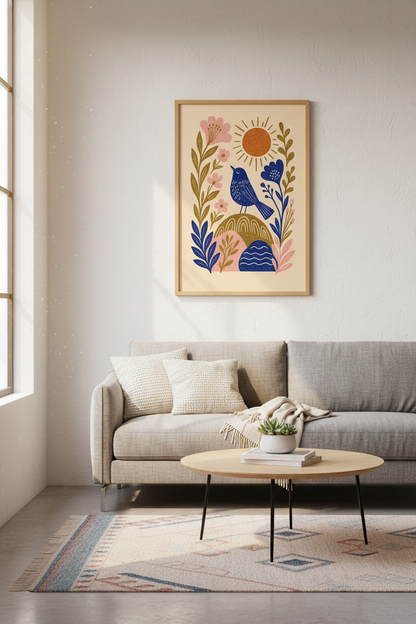 Folk Art Bird &amp; Flowers Wall Art | Boho Nursery Decor | Whimsical Nature Poster