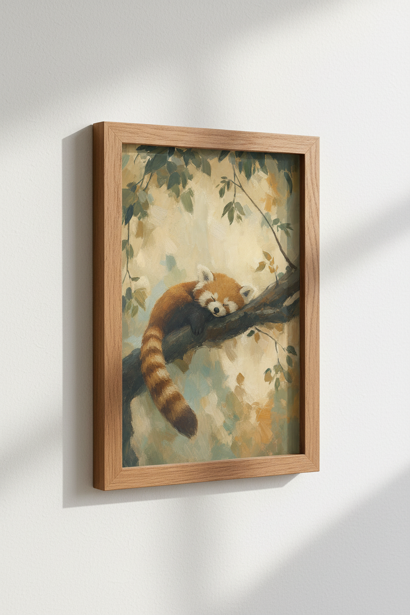 Sleeping Red Panda Oil Painting | Warm Earth Tones, Nursery &amp; Living Room Decor