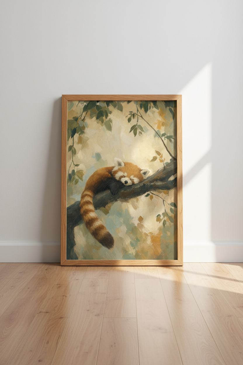 Sleeping Red Panda Oil Painting | Warm Earth Tones, Nursery &amp; Living Room Decor
